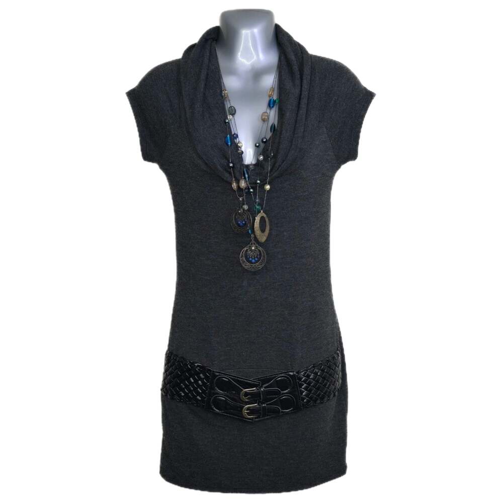 Bella D. Womens Gray Cowl Neck Mini Dress w/ Built-in Belt and Necklace M